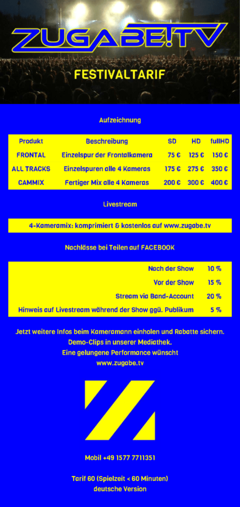 ZUGABE!TV Festivaltarif Konzertaufzeichnung & Livestreaming Bands 60 min